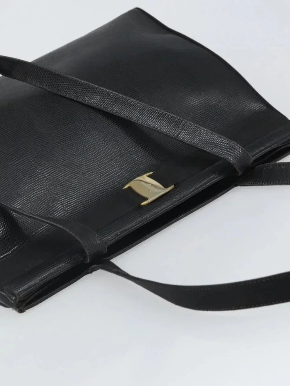 Salvatore Ferragamo Tote Bag Leather Black Gold Auth SW1922